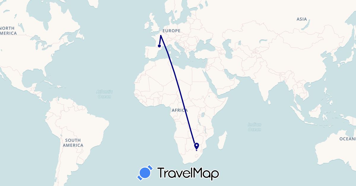 TravelMap itinerary: driving in France, South Africa (Africa, Europe)